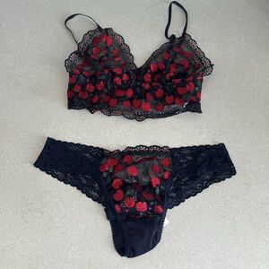 Hanky Panky bralette/thong set. Red cherry pattern on navy blue lace size small